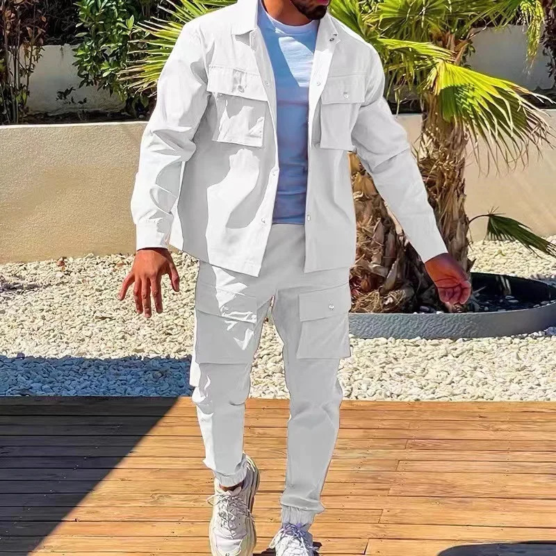 Mens Jacket Cargo Pants Set with Pocket Button Spring Autumn Tracuit High Quality Solid Color Male Fashion 2 Pieces Suit#wzc