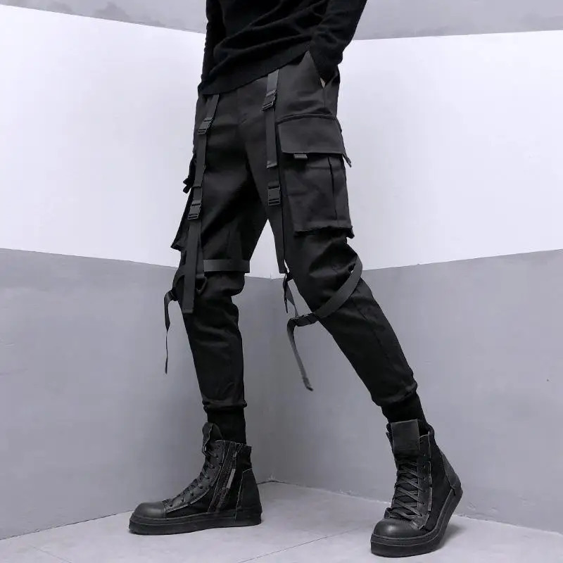 Spring Men Black Cargo Pants Men Ribbon Pocket Trousers Male Japanese Streetwear Hip Hop Harajuku Fashion Harem Pants 240126