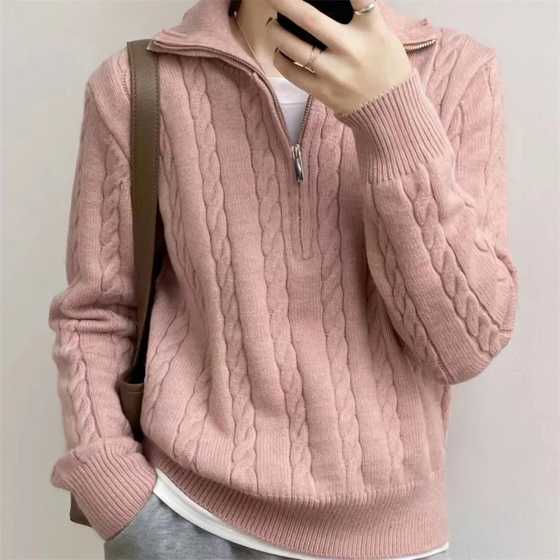 Autumn Oversize Knitted Sweater Women Vintage Pullover Baggy Long Sleeve Zipper Sweaters Lady Half High Collar Korean 240130