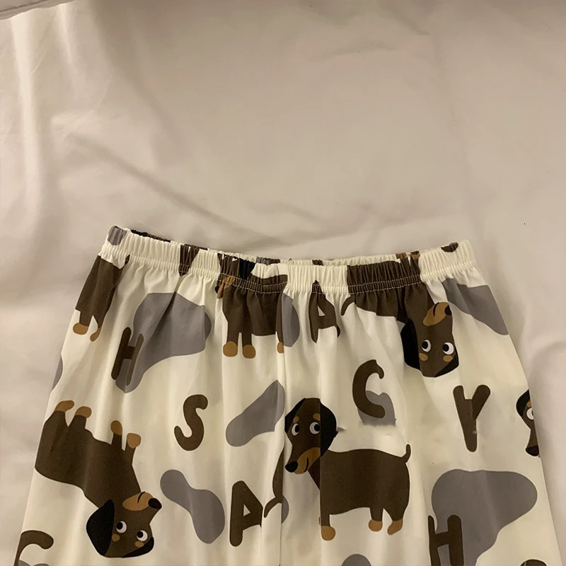 Spring Summer Cute Womens Pajamas Set Dachshund Print Cotton Two Pieces Short Sleeve Tops Full Length Pants Sleepwear 3991 240201