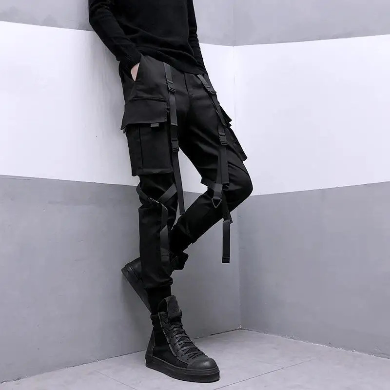 Spring Men Black Cargo Pants Men Ribbon Pocket Trousers Male Japanese Streetwear Hip Hop Harajuku Fashion Harem Pants 240126