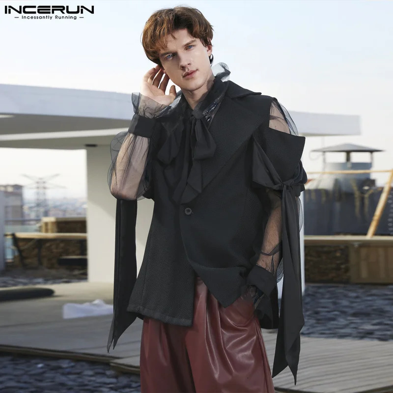 Mens Blazer Patchwork Lapel Off Shoulder Short Sleeve One Button Suits Men Streetwear Fashion Casual Thin Coats INCERUN 240201