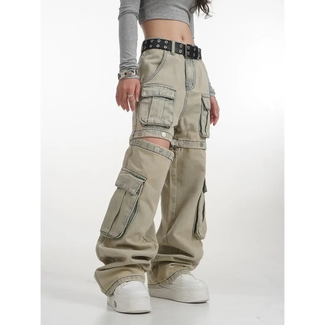 High Street Retro Casual Wide Leg Multi Pocket Loose y2k Jeans Women streetwear hiphop cargo pants korean style women sweatpants 240126
