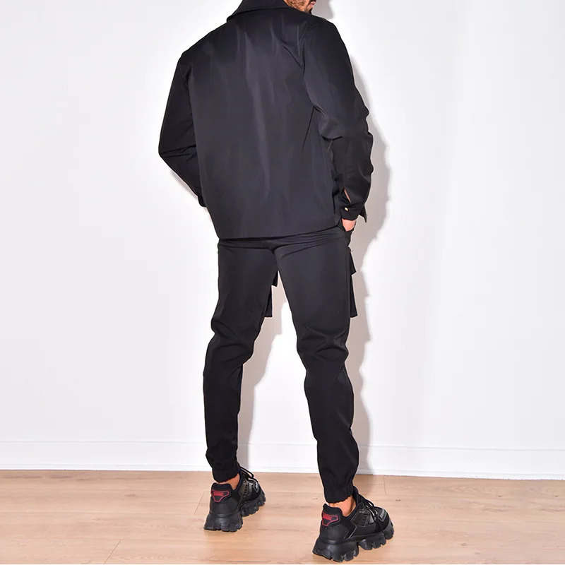 Mens Jacket Cargo Pants Set with Pocket Button Spring Autumn Tracuit High Quality Solid Color Male Fashion 2 Pieces Suit#wzc