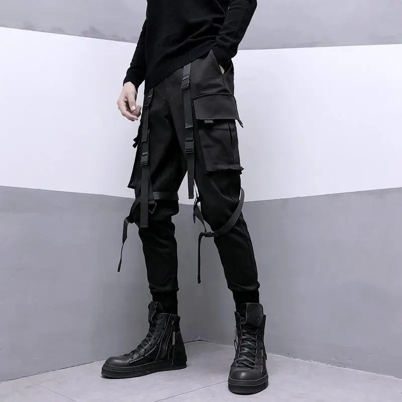 Spring Men Black Cargo Pants Men Ribbon Pocket Trousers Male Japanese Streetwear Hip Hop Harajuku Fashion Harem Pants 240126