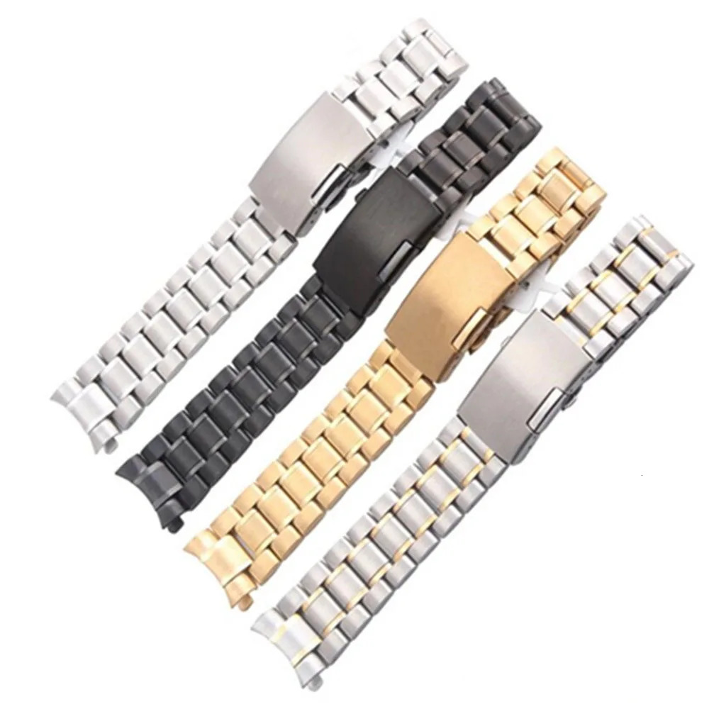 Curved End Watch Band Solid Stainless Steel Watch Strap 16 18 20 22 24mm Replacement Wrist Bracelet Band Fold Buckle w Pins 240125