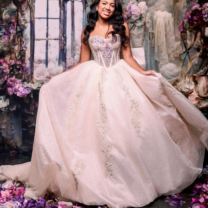 Ivory Shiny Quinceanera Dresses Ball Gown Off The Shoulder Sequin Applique Lace Beads Crystal Tull Corset Vestidos Para 15 XV Anos Sweet 16 Dress