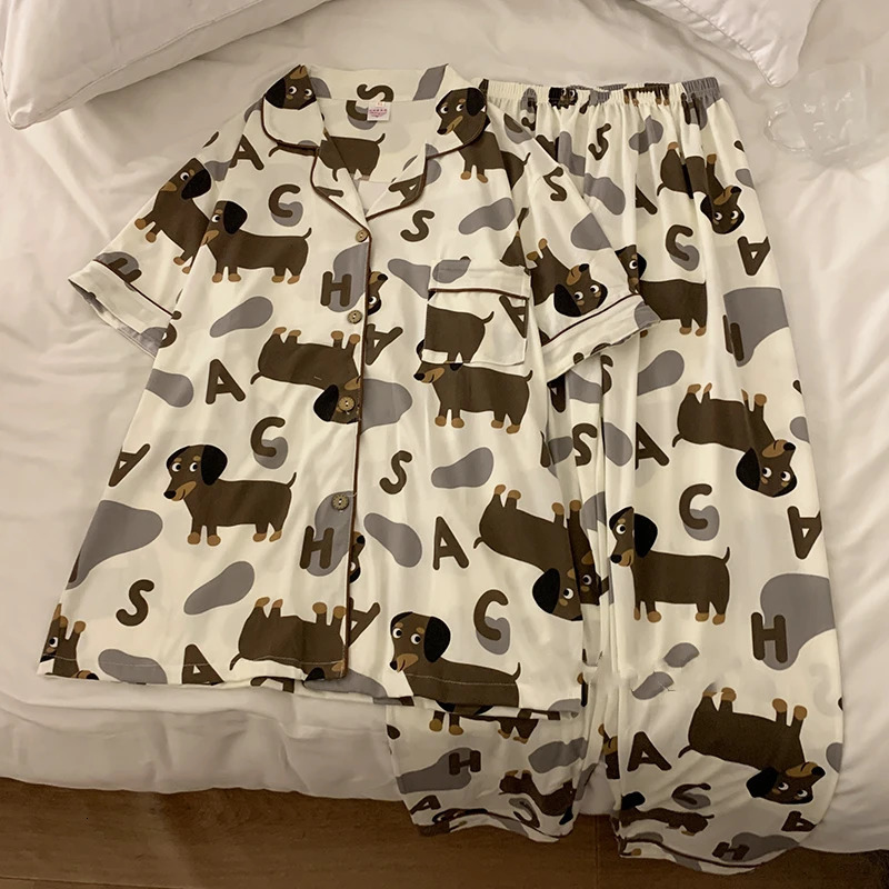 Spring Summer Cute Womens Pajamas Set Dachshund Print Cotton Two Pieces Short Sleeve Tops Full Length Pants Sleepwear 3991 240201