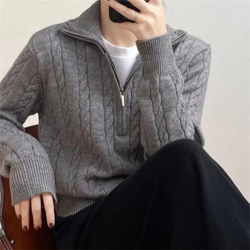 Autumn Oversize Knitted Sweater Women Vintage Pullover Baggy Long Sleeve Zipper Sweaters Lady Half High Collar Korean 240130