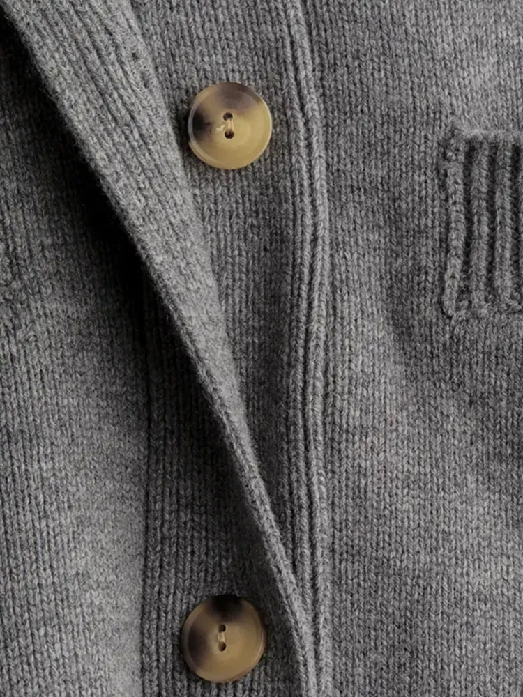 Women Vneck Single Breasted Cardigan Long Sleeve Double Pockets Quilted Ribbed Sweater Female Chic Gray Solid Top Streetwear 240130