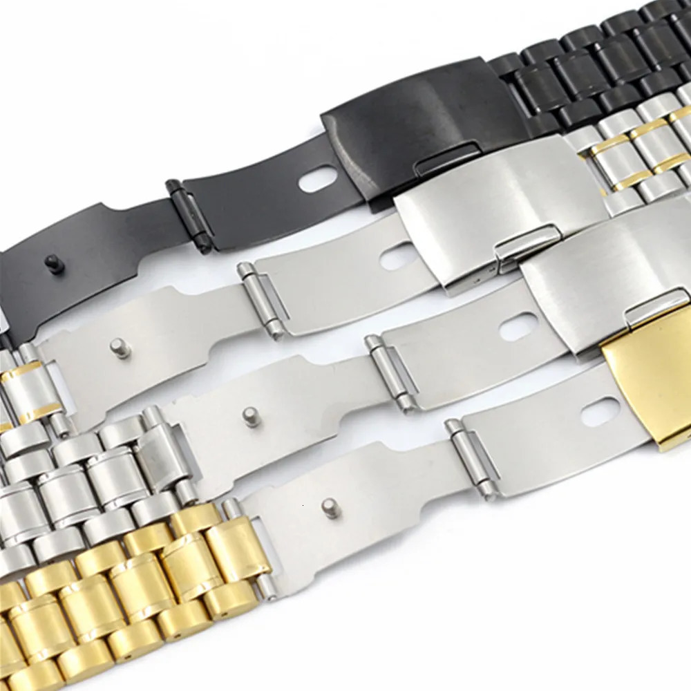 Curved End Watch Band Solid Stainless Steel Watch Strap 16 18 20 22 24mm Replacement Wrist Bracelet Band Fold Buckle w Pins 240125
