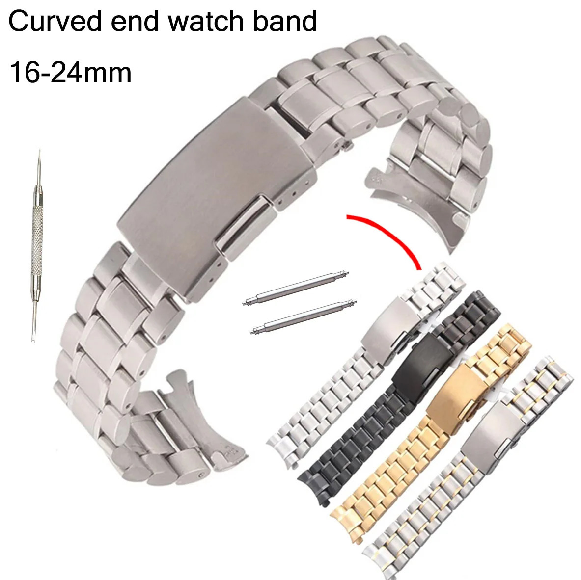 Curved End Watch Band Solid Stainless Steel Watch Strap 16 18 20 22 24mm Replacement Wrist Bracelet Band Fold Buckle w Pins 240125