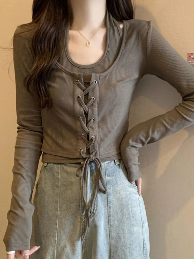 Sexy Halter Crop Top Women Spring Autumn Long Sleeve Bandage Tshirts Female Korean Fashion Vintage Spicy Girl Slim Y2k Clothes 240201