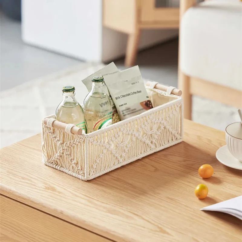 Macrame Storage Baskets Boho Decor Box Handmade Woven Decorative Countertop Toilet Tank Shelf Cabinet Organizer for Bedroom 240119
