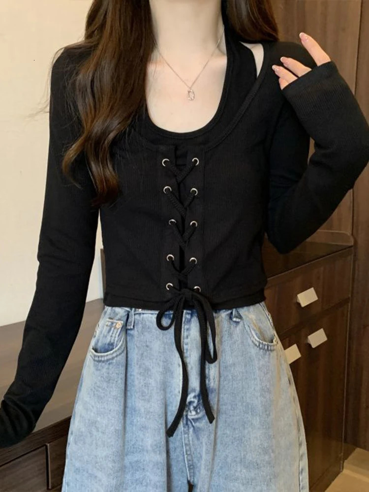 Sexy Halter Crop Top Women Spring Autumn Long Sleeve Bandage Tshirts Female Korean Fashion Vintage Spicy Girl Slim Y2k Clothes 240201