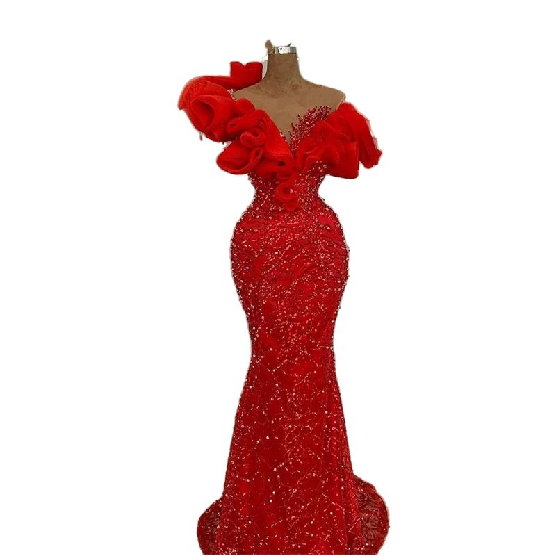 2024 Sexy Red Prom Dresses Off Shoulder Illusion Plus Size Mermaid Sequined Lace Ruffles Floor Length Sleeveless Crystal Bling Sequins Evening Gowns - view 4
