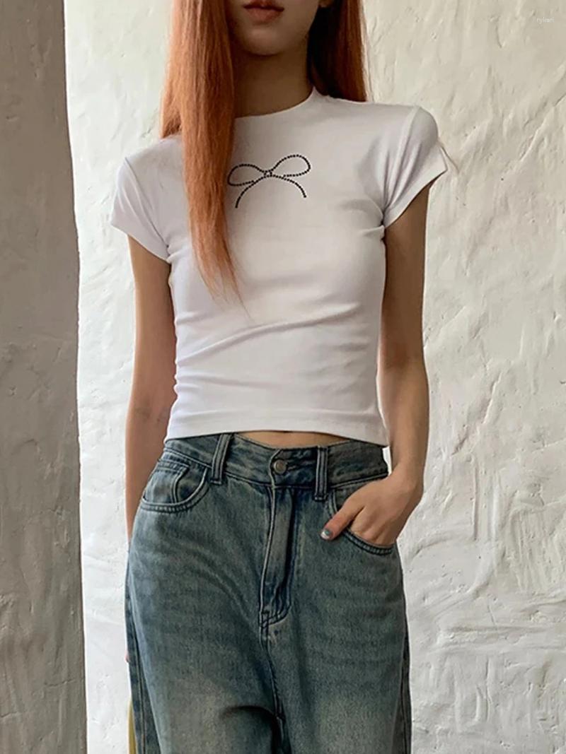 Womens T Shirts Women Y2k Bow Tie Print Crop Tops Sweet Short Sleeve Mini Cute Graphic Baby Tees E Girls Aesthetic Clothes