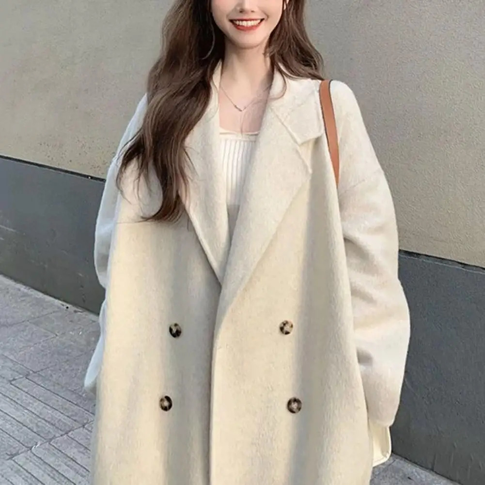 Spring Autum Jacket Thickened Windproof Warm Womens Double-breasted Trench Coat with Lapel Pockets Long Sleeves Mid Length 240202