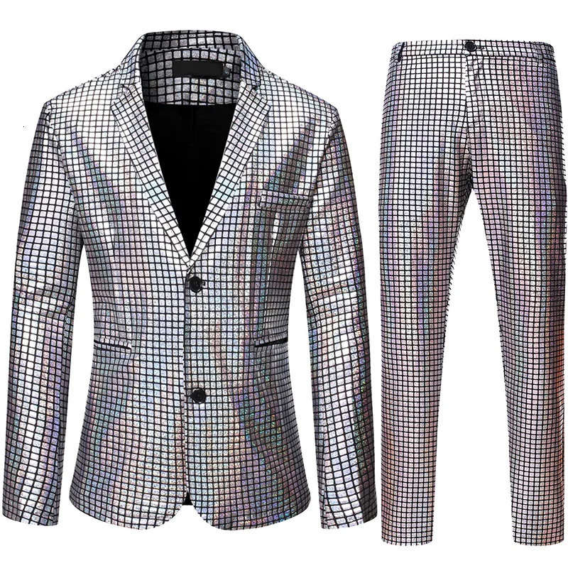 Mens Stage Prom Suits Shiny Rainbow Plaid Sequin Jacket Pants Men Dance Festival Christmas Halloween Party Costume Homme 240126