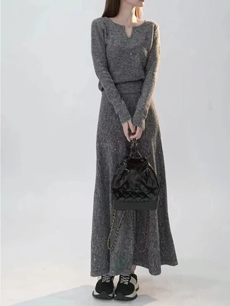 Korean Fashion 2 Piece Sets Womens Outifits Autumn Knitted Star Sweater Skirt Suit Dress Matching Clothing 240124