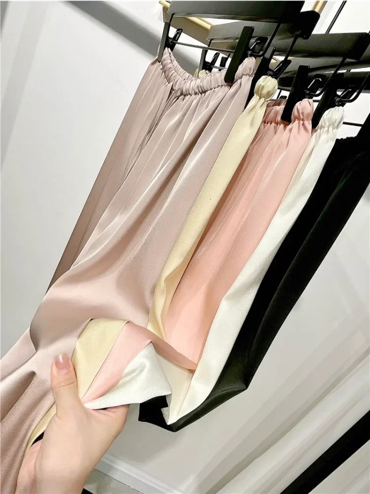 Elegant Satin Wide Legged Pant Casual Lace Up High Waist Pants for Women Silk Smooth Drawstring Long Trousers Female 240201