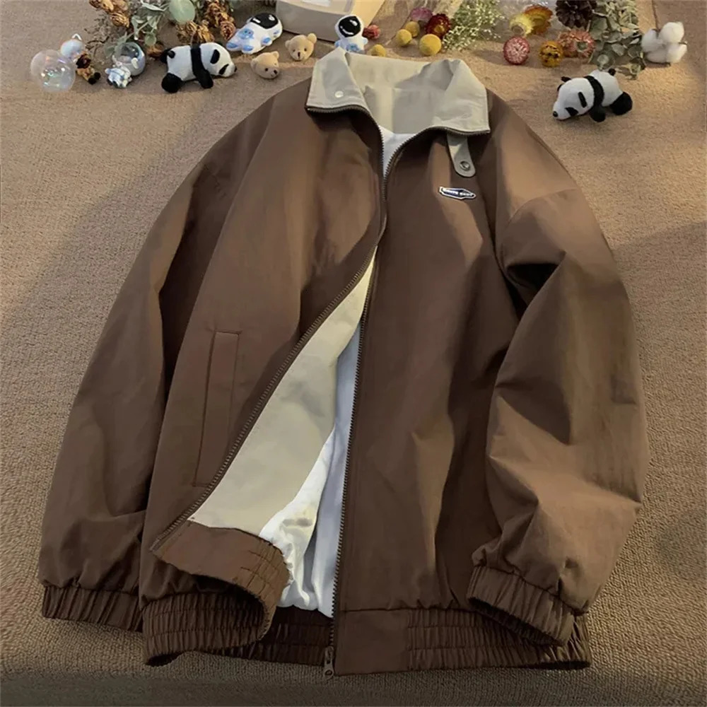 Japan Korean Brown Coffee Vintage American Work Clothes Men Coat Spring Autumn College Casual Fashion Chic Unisex Zipper Jacket 240124