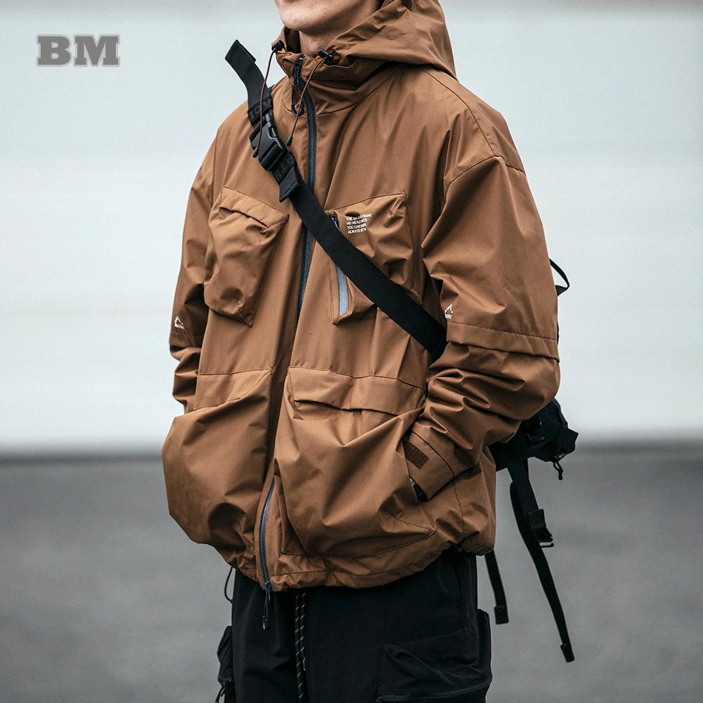 American High Quality Waterproof Hooded Windbreaker Men Clothing Outdoor Streetwear Jackets Loose Functional Work Coat Harajuku 240201