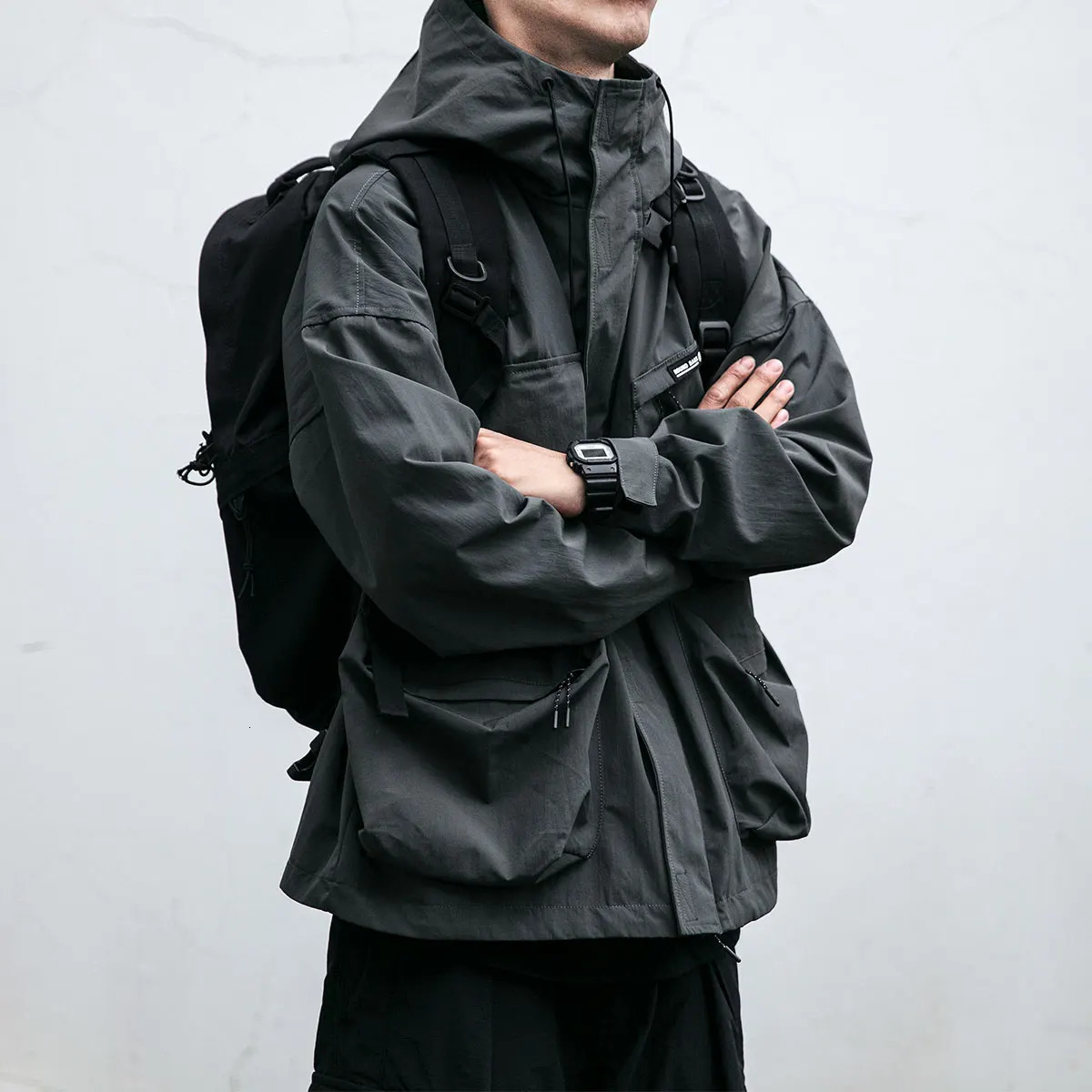 Korean Streetwear Mountain Hoodie Jacket Men Clothing Japanese Harajuku Casual Windbreak Cargo Jacket Fashion Black Coats Male 240201