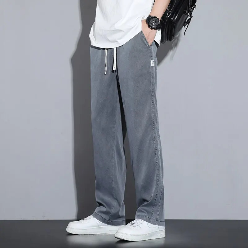 Summer Soft Lyocell Fabric Mens Jeans Thin Loose Straight Pants Drawstring Elastic Waist Korea Casual Trousers Plus Size M-5XL 240126