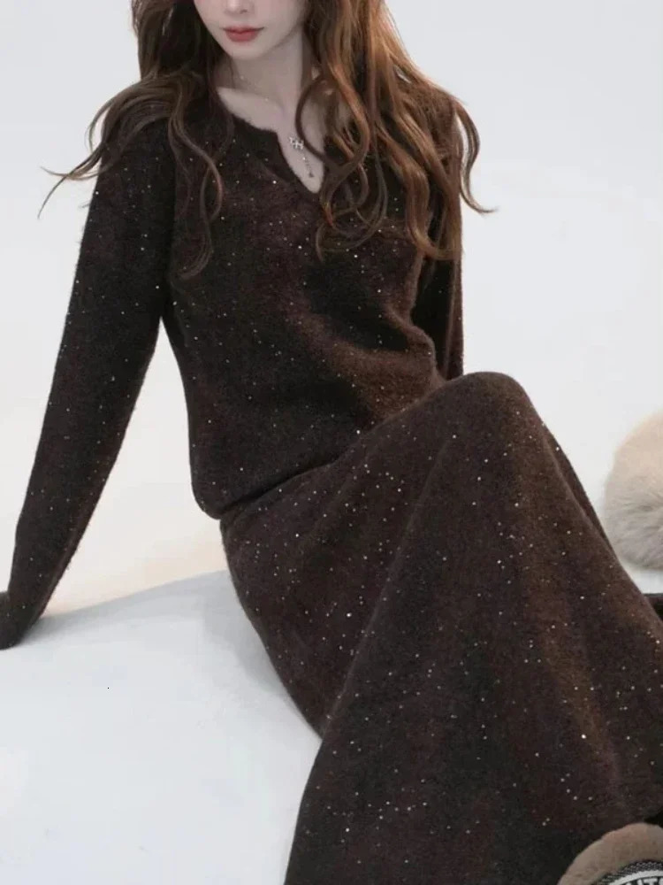 Korean Fashion 2 Piece Sets Womens Outifits Autumn Knitted Star Sweater Skirt Suit Dress Matching Clothing 240124