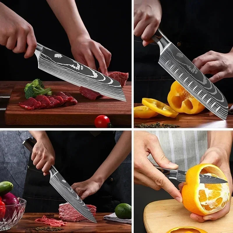 1-10 Pcs Set Kitchen Knives Set Stainless Steel 7CR17 440C Laser Damascus Japanese Santoku Cleaver Slicing Utility Chef Knife 240130 - view 6