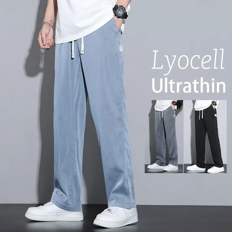 Summer Soft Lyocell Fabric Mens Jeans Thin Loose Straight Pants Drawstring Elastic Waist Korea Casual Trousers Plus Size M-5XL 240126