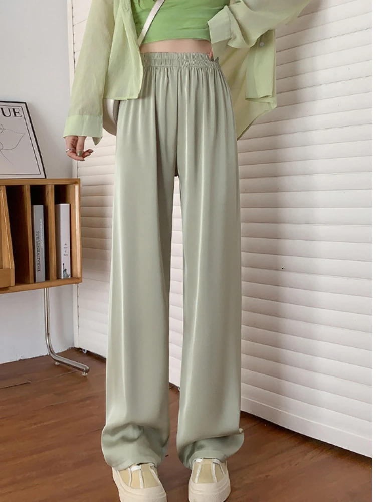 Elegant Satin Wide Legged Pant Casual Lace Up High Waist Pants for Women Silk Smooth Drawstring Long Trousers Female 240201