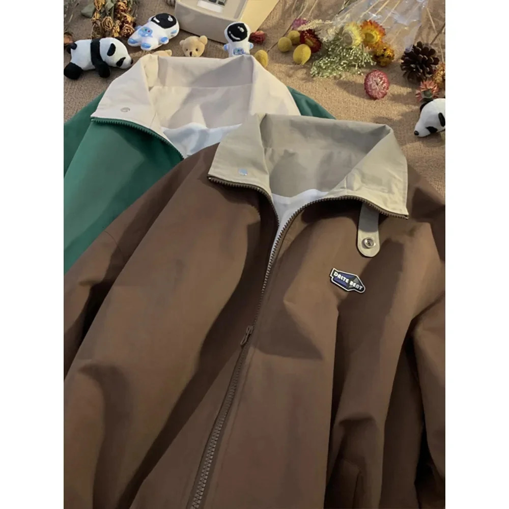 Japan Korean Brown Coffee Vintage American Work Clothes Men Coat Spring Autumn College Casual Fashion Chic Unisex Zipper Jacket 240124