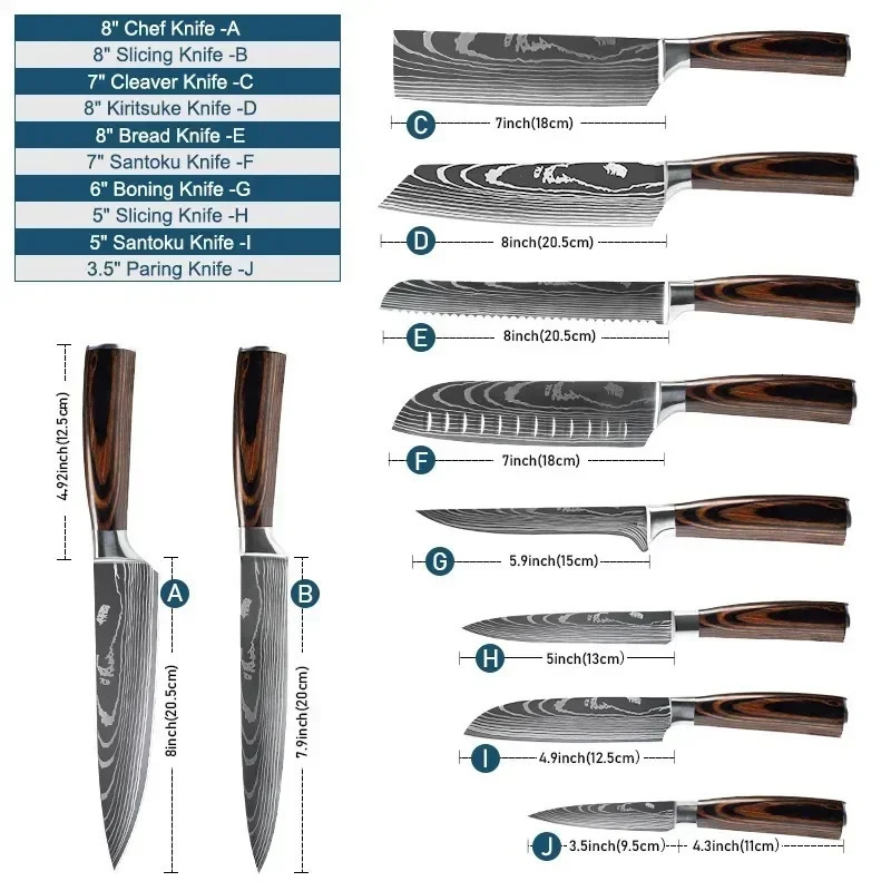 1-10 Pcs Set Kitchen Knives Set Stainless Steel 7CR17 440C Laser Damascus Japanese Santoku Cleaver Slicing Utility Chef Knife 240130 - view 7