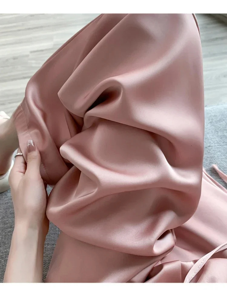 Elegant Satin Wide Legged Pant Casual Lace Up High Waist Pants for Women Silk Smooth Drawstring Long Trousers Female 240201