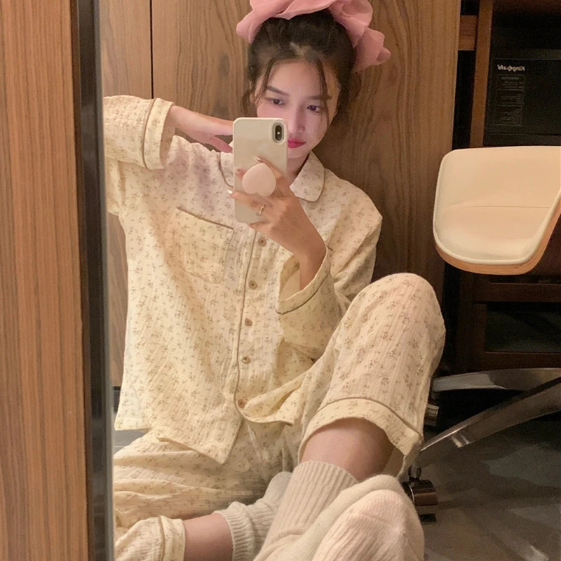Womens Pajamas Autumn Spring Long Sleeve Soft Sleepwear Set Striped cartoon pyjama Woman Home Nightwear Cardigan 240202