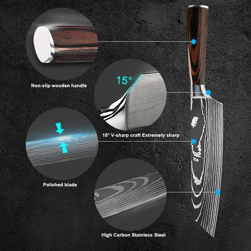1-10 Pcs Set Kitchen Knives Set Stainless Steel 7CR17 440C Laser Damascus Japanese Santoku Cleaver Slicing Utility Chef Knife 240130 - view 3