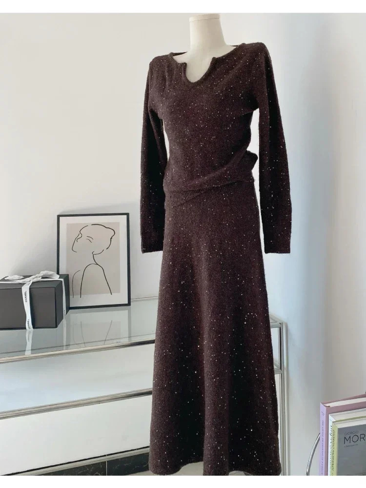 Korean Fashion 2 Piece Sets Womens Outifits Autumn Knitted Star Sweater Skirt Suit Dress Matching Clothing 240124