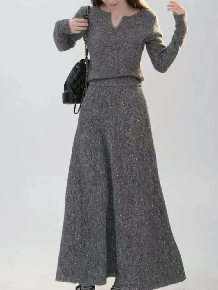 Korean Fashion 2 Piece Sets Womens Outifits Autumn Knitted Star Sweater Skirt Suit Dress Matching Clothing 240124