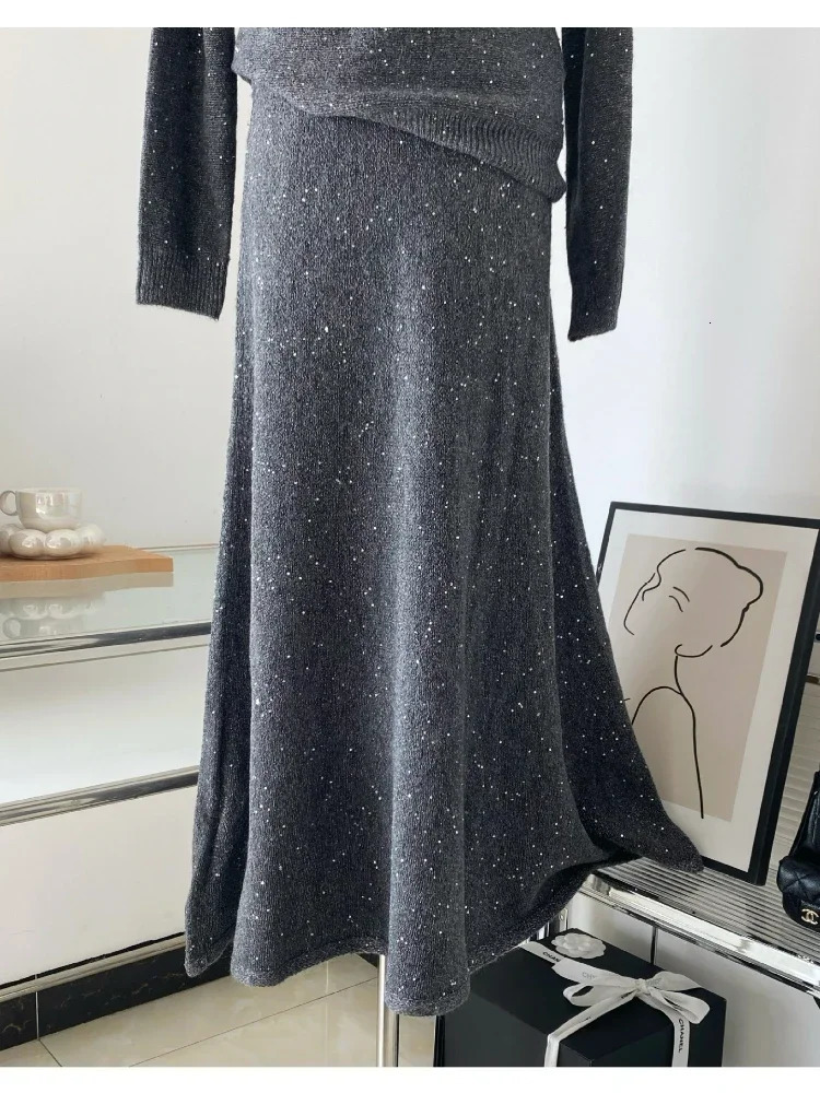 Korean Fashion 2 Piece Sets Womens Outifits Autumn Knitted Star Sweater Skirt Suit Dress Matching Clothing 240124