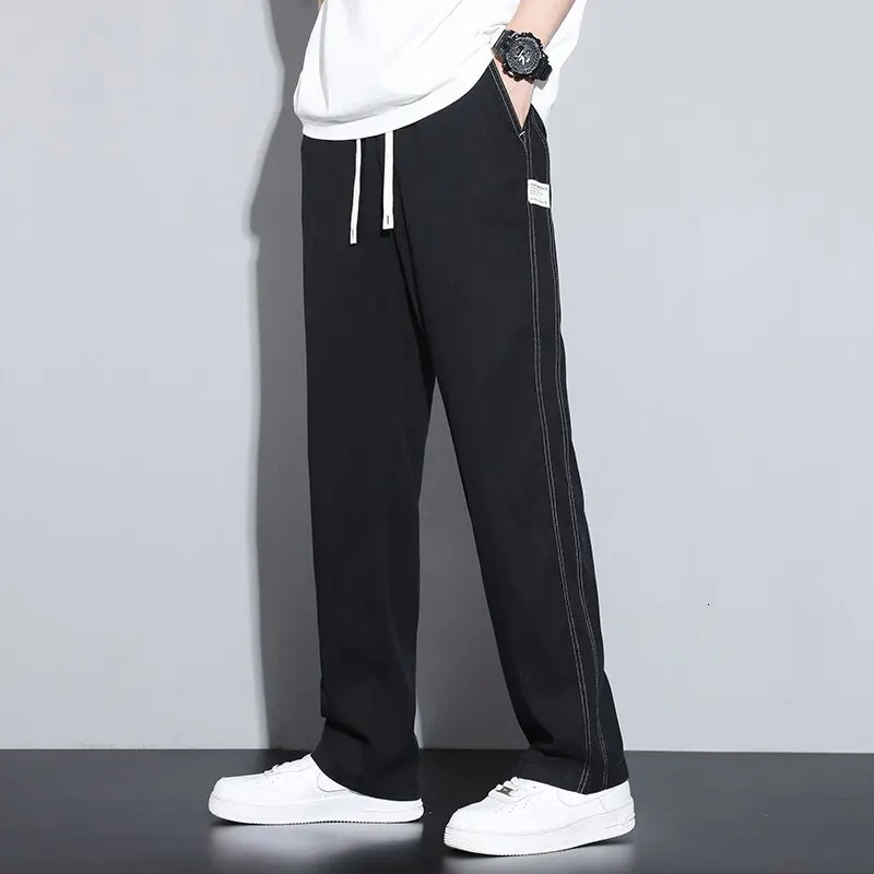 Summer Soft Lyocell Fabric Mens Jeans Thin Loose Straight Pants Drawstring Elastic Waist Korea Casual Trousers Plus Size M-5XL 240126