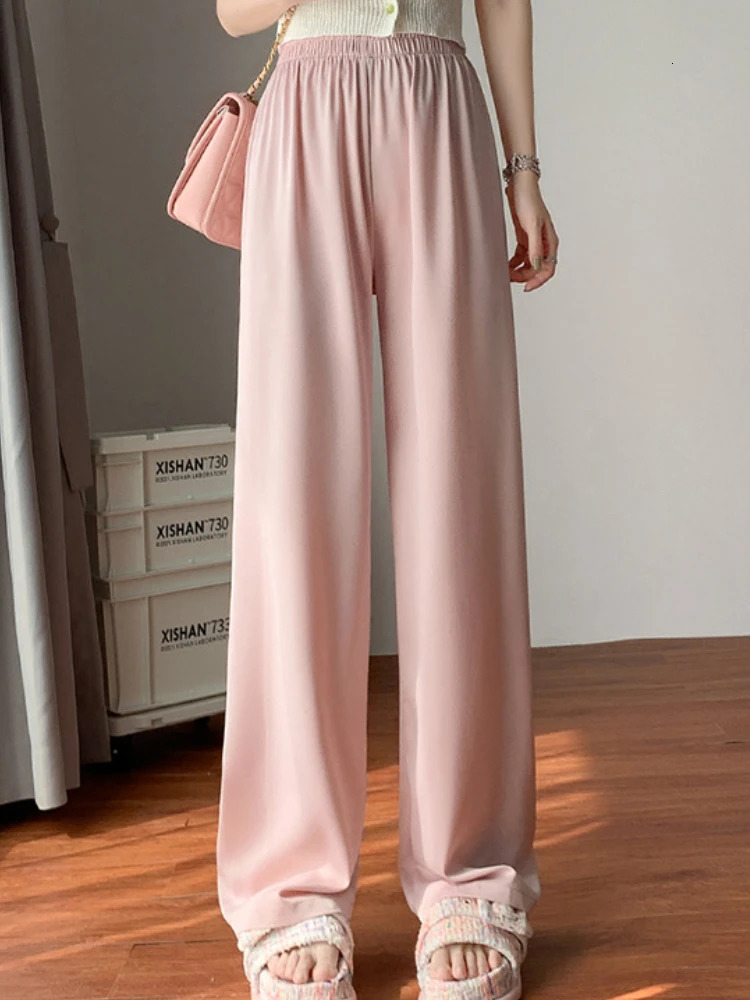 Elegant Satin Wide Legged Pant Casual Lace Up High Waist Pants for Women Silk Smooth Drawstring Long Trousers Female 240201