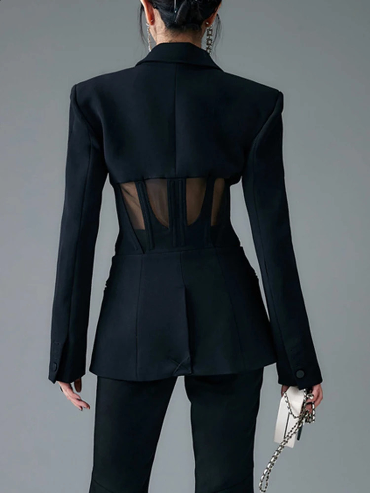 TWOTWINSTYLE Solid Blazers For Women Notched Collar Long Sleeves Patchwork Mesh Slimming Sexy Blazer Female Fashion Clothes 240130