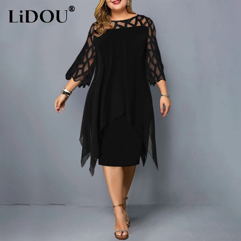 Elegant Lace Mesh Plus Size Dresse Sexy Hollow Out Oversize Dress Loose Casual Vestidos De Fiesta Midi Robes Femme 240202