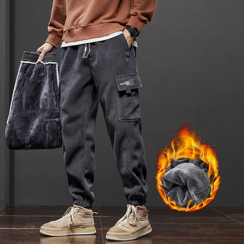 Men's Fleece Corduroy Cargo Harem Pants Winter Thickened Warm Loose Streetwear Joggers Trousers Sweatpants ArmyGreen Black 240126