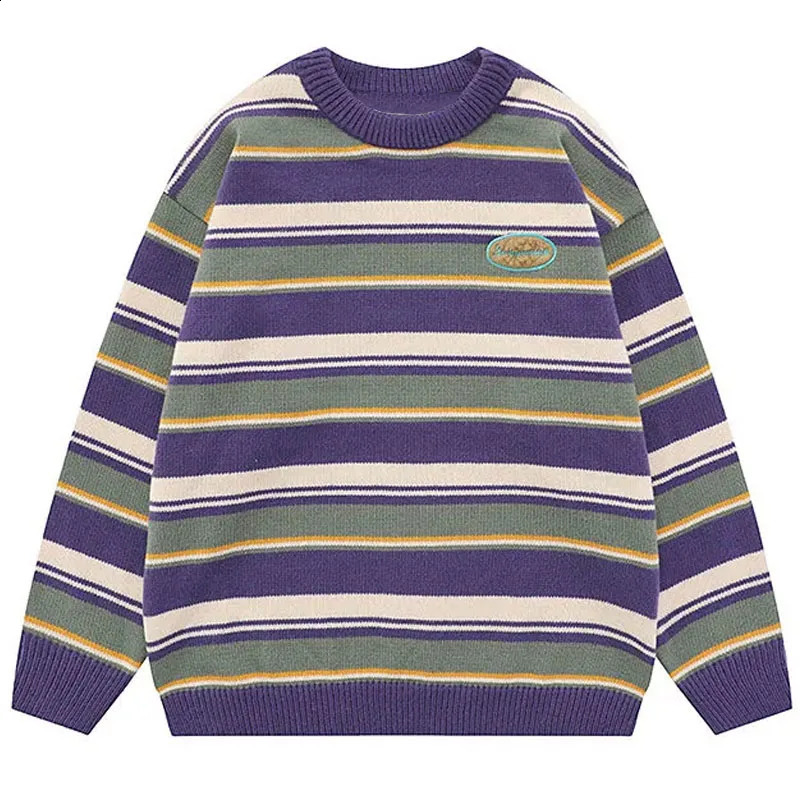 Japanese Patchwork Striped Sweater Men Knitwears Winter Retro Vintage Harajuku Pullover Knit Embroidery Knitted Sweater 240127