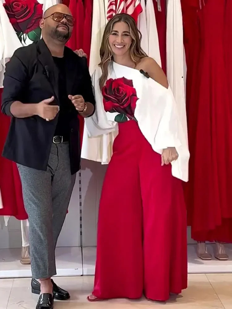 Rose Floral Printed Diagonal Collar Shirt Pants Sets Womens Lantern Sleeve Blouse Solid Wide Leg Suits Chic Streetwear 240124