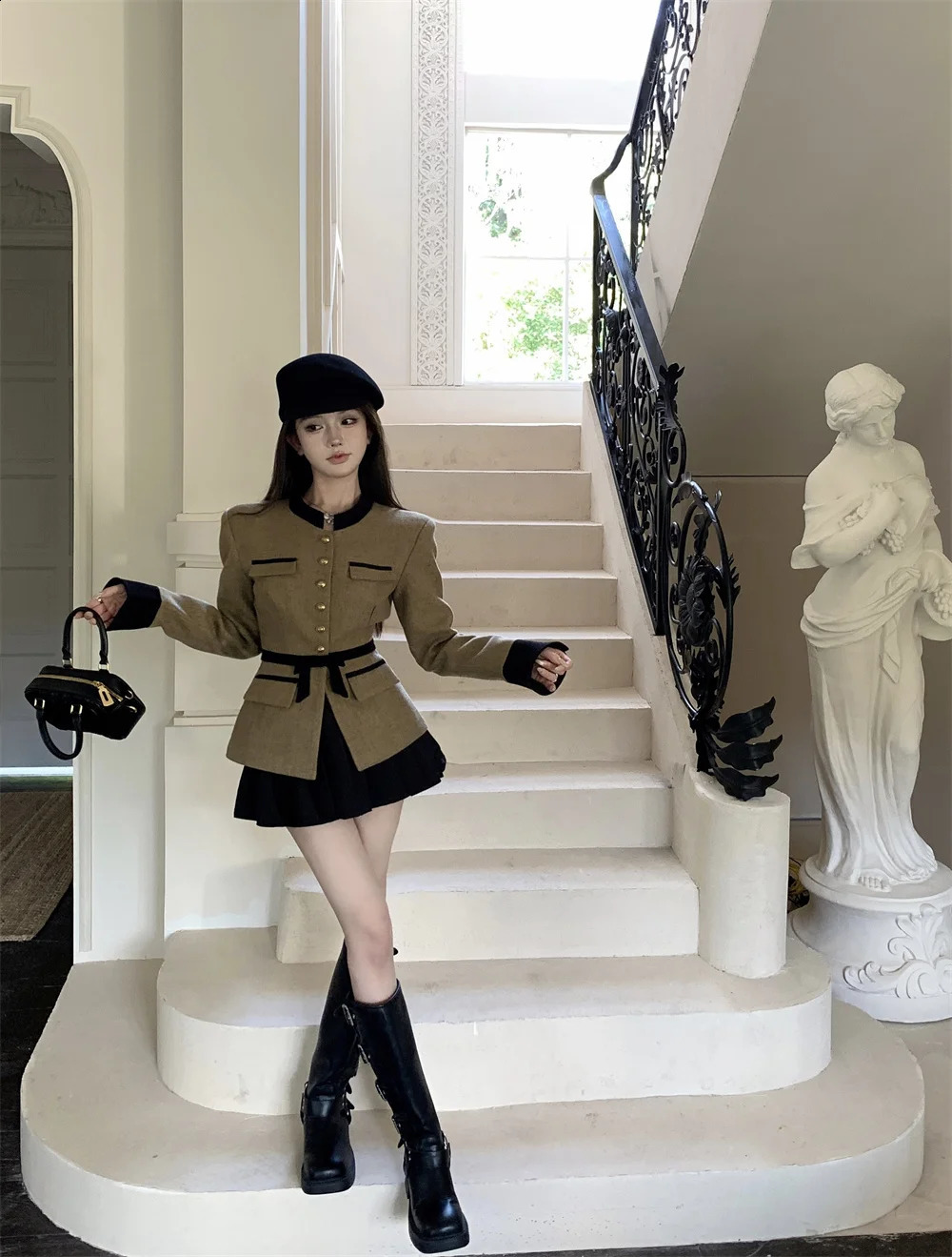 Womens Small Fragrance Short Stand Neck Waist Raglan Suit Pleated Skirt Set Vintage Casual Belt Coat Two Piece 240202