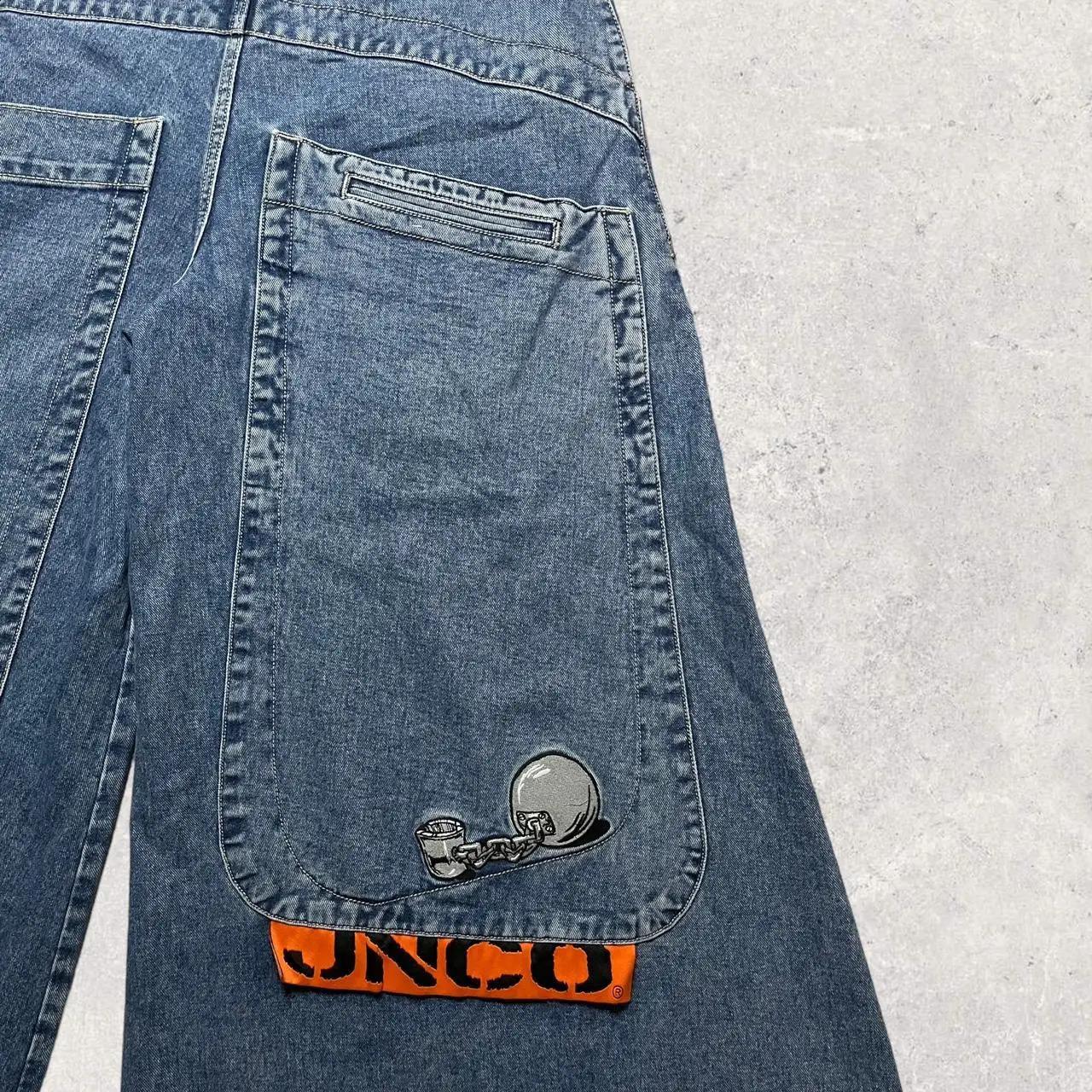 JNCO Y2K Mens Hip Hop Graphics Retro Blue Big Pocket Baggy Jeans Denim Gothic Wide Leg Trousers Skateboard Pants 240129